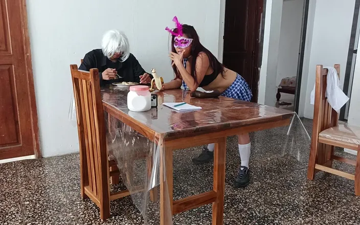Goky: She Climbs on the Table and Opens Her Pussy!!