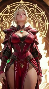 アイス・クイーンのホワイト・ファンタジー・レッドアーマー、濡れた肌、官能的なポーズ。