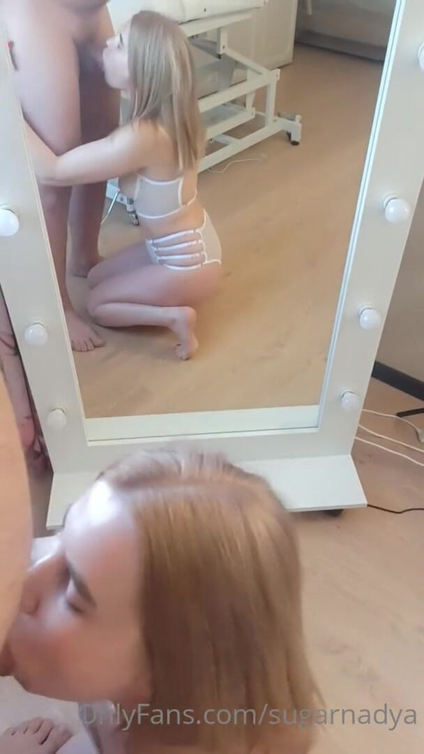 SugarNadya: Blonde in sexy lingerie caught a client near the mirror...