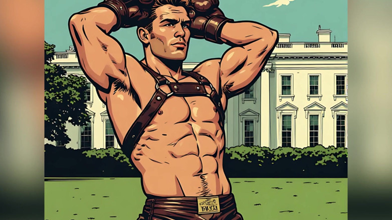 Erotic Man: Beyaz Saray çim dövüşçüsü bulge çizgi roman sanatı