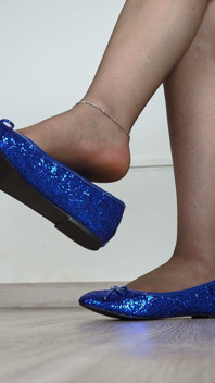 Shoeplay, Shoe Dangling & Walking in Blue Sequin Ballet Flats (shoe Collection) - Dame Olga 4K (747)