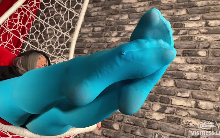 Mistress Legs: Goddess Foot Tease in Hanging Chair in Cute Blue Pantyhose...