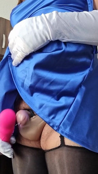 Handsfree Masturbation Until I Ejaculate My Sissy Milk in My Blue Satin Dress and Nylon Lingerie