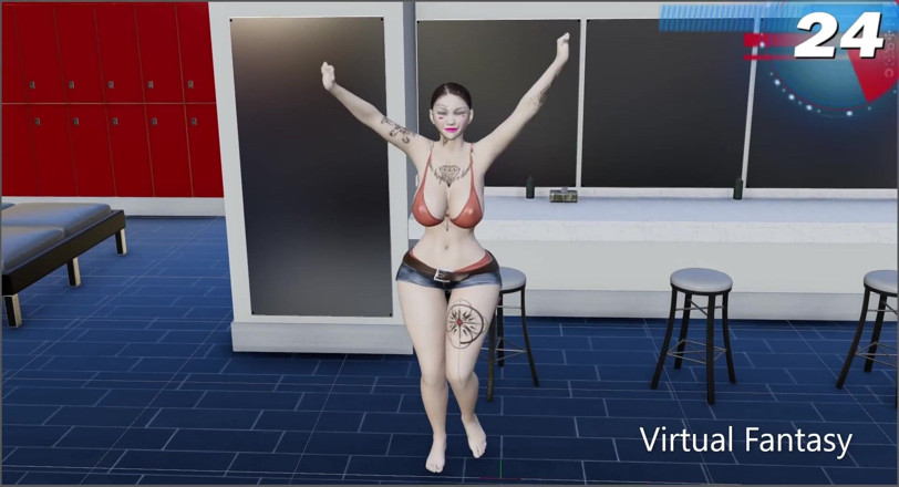 Virtual fantasy studio: Große möpse und hintern 3D sexy mädchen mit farb-tattoo, strippen in...