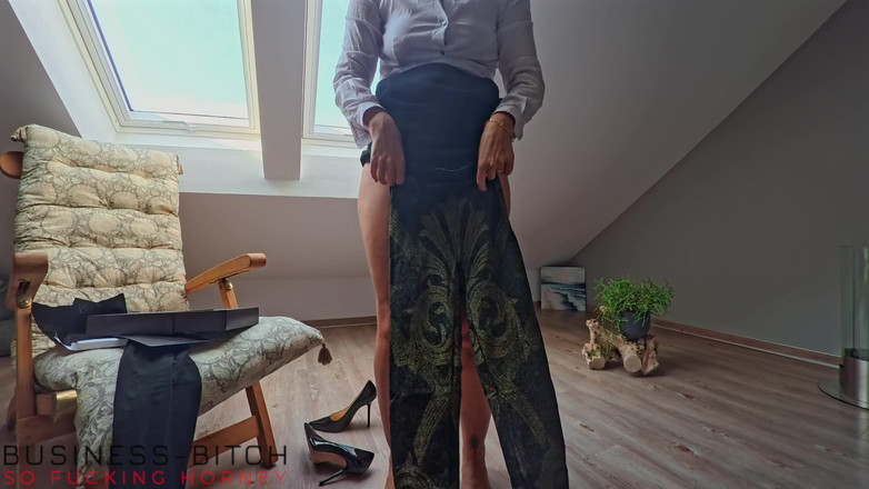 Business Bitch: Serious Business Woman Trying on Her New Luxury Pantyhoses for...