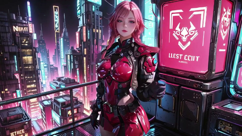 Seraphina Vale: Pink-haired Mech Warrior! Kneeling in Neon Streets, Red Rose &amp; Cold...