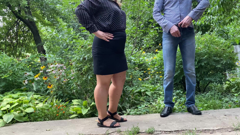 OurFetishLife: Stepmom holds stepson's cock while he pisses outside