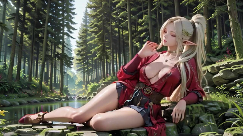 Seraphina Vale: Red Robe Elf Sorceress! Sun-dappled Forest Terrace, Kneeling Gaze That...