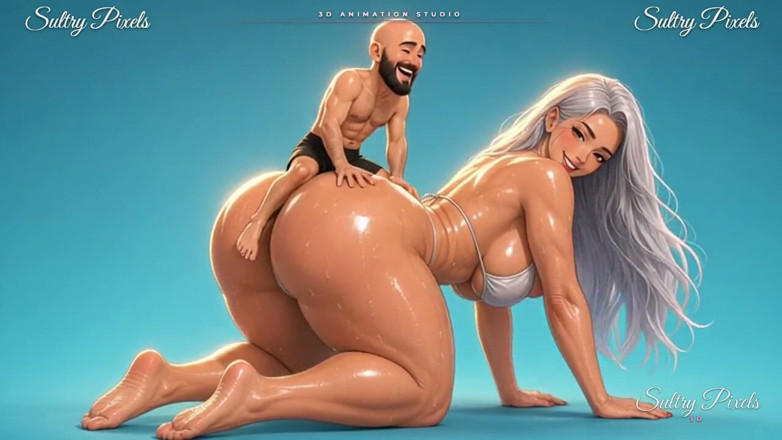 Sultry Pixels 3D: Stříbrovlasá Anime Obryně na všech čtyřech dává svému drobnému muži jízdu...