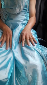 Asian Cross Masturbate and Cum Wearing Satin Shiny Blue Gown
