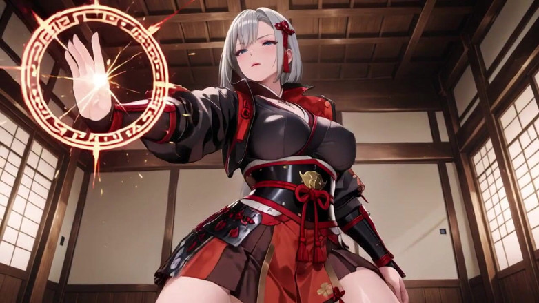 Tay Swift X: Red &amp; Black Kimono Slightly Open, Dual Swords in Hand yet...