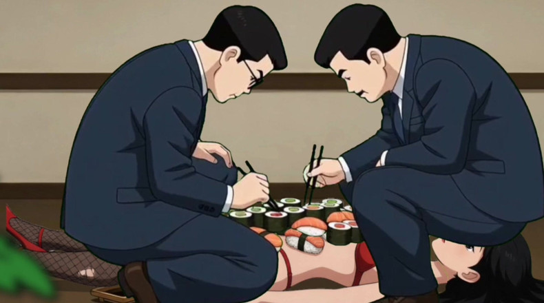 Octopussy Lovers Club: Sushi girl: Bohatí chlapi jedí jídlo z těla sexy děvky...