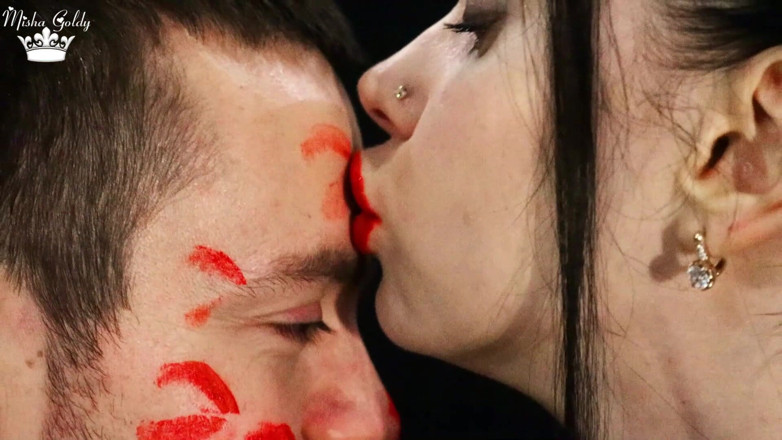 Goddess Misha Goldy: Covering Alex face with red lipsticks kisses