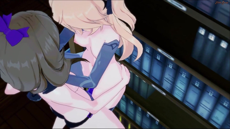 Hentai Smash: Lisa Strapon mengongkek Fischl di perpustakaan. Hentai impak Genshin