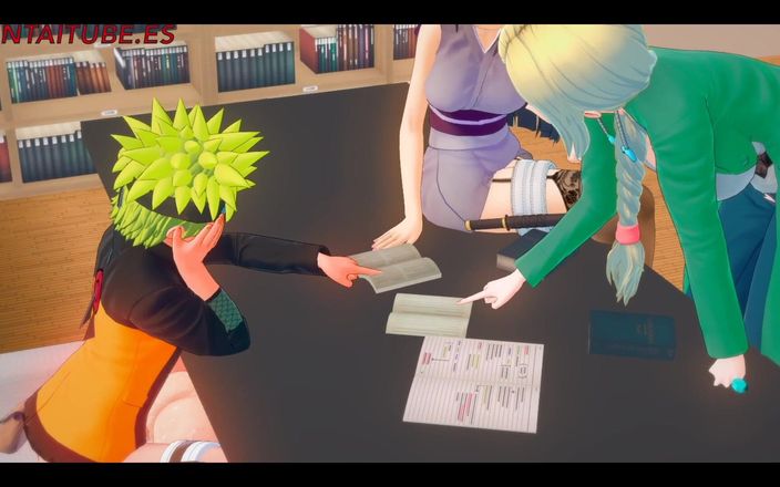 Yaoitube: Naruto Хентай 3D - Naruto трахает сакура под столом, разговаривая с Хинатой и Цунаде - порно анимации секса, аниме манга