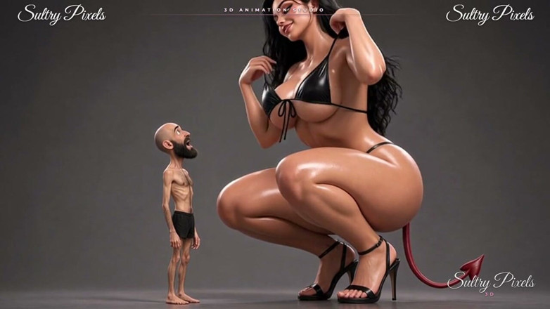 Sultry Pixels 3D: Diavol uriaș se dezbracă fără sutier pentru bărbatul ei mic...