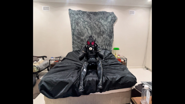 Athos: Latex Drone Activation - Gas Mask Transformation in Glossy Black Latex