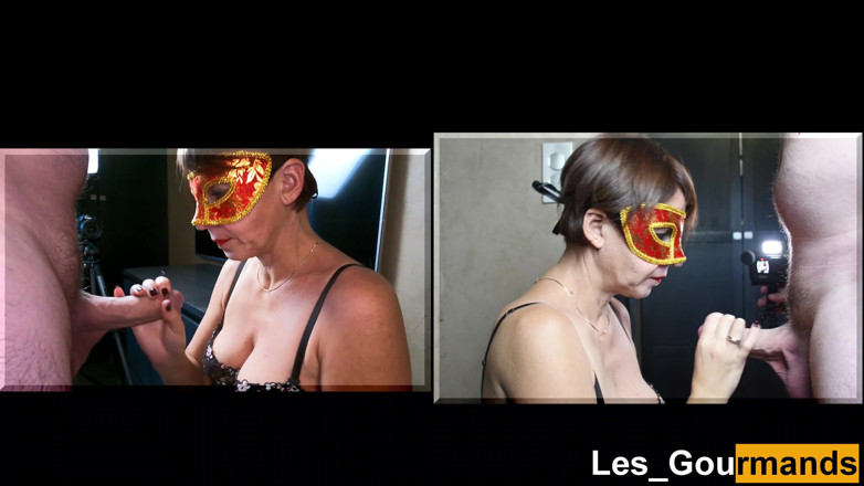 Les Gourmands: Maskeli orta yaşlı seksi kadın sakso çekiyor ve dölü yutarak ellerine...