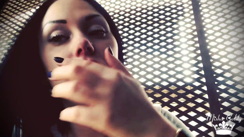 Goddess Misha Goldy: Blowing shisha smoke from itching nose and scratching it all...