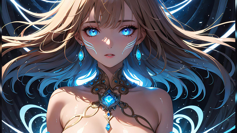 LustRender: Trance de luz, una hermosa joven con marcas místicas brillantes