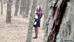 Afemeria: Masked brunette caught in the woods and sucking cock