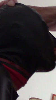 Laura hooded in a very close view of a great blowjob action with ring gag and huge cum swallow