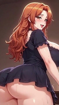 Une rousse à forte poitrine se penche sur le lit dans une petite robe noire pour exhiber son cul rond