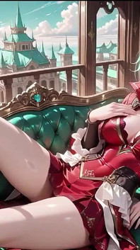 The Red-clad Blade's Private Tease! Green-haired Warrior in a Black-red Battle Robe, Commanding yet Shy on the Floating Terrace.