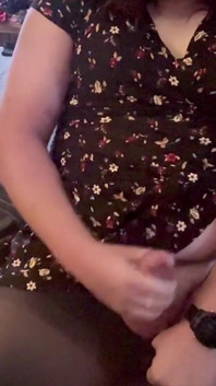 Trans Girl in a Short Dress and Pantyhose Masturbating