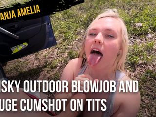 Anja Amelia: Arriscado boquete ao ar livre e enorme gozada nos peitos