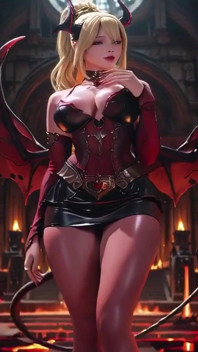 ¡Lava Trono! La reina demonio rubia se arrodilla y abre sus alas, provocación perezosa con un vaso.