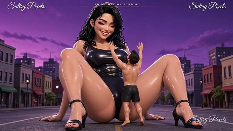 Sultry Pixels 3D: Naoliwiona gigantka w wysokich obcasach góruje nad małym mężczyzną - gigantyczna...