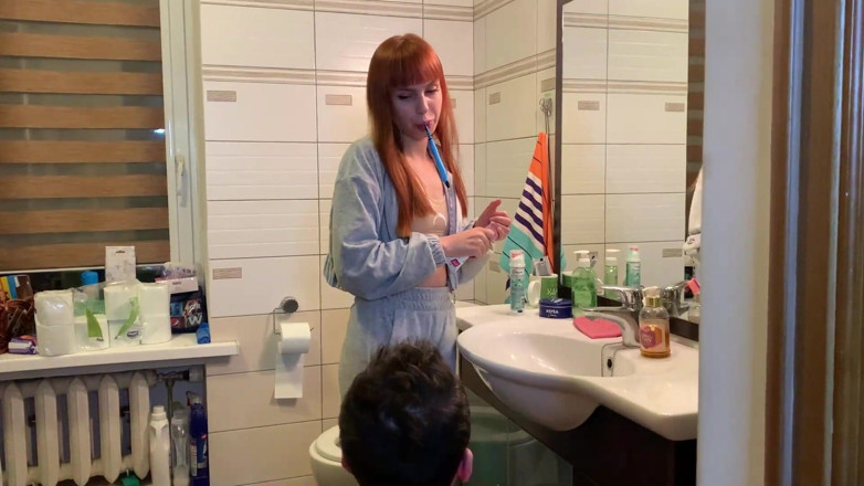 Petite Princesses Femdom: Redhead girl brushes her teeth and spits in slave's mouth -...