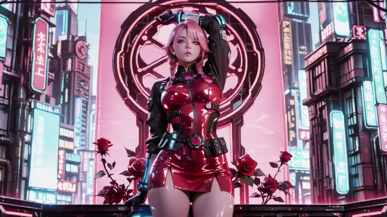 Seraphina Vale: Pink-haired Mech Warrior! Kneeling in Neon Streets, Red Rose &amp; Cold...