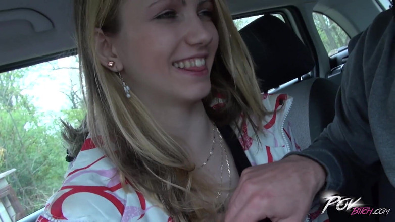 POV Bitch: Petite skinny blonde teen suck cock under steering wheel and...