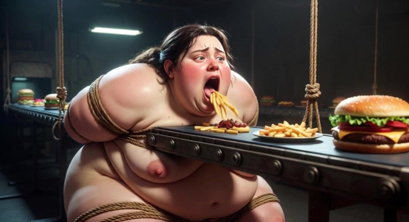 YOUR BEST FANTASY: Tied up SSBBW Eats Massive Meal While Kneeling - Belly Stuffing