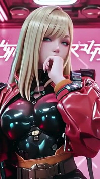 Red Leather Jacket Glistening Under Neon Rain, Kneeling Pose That Breaks the Armor