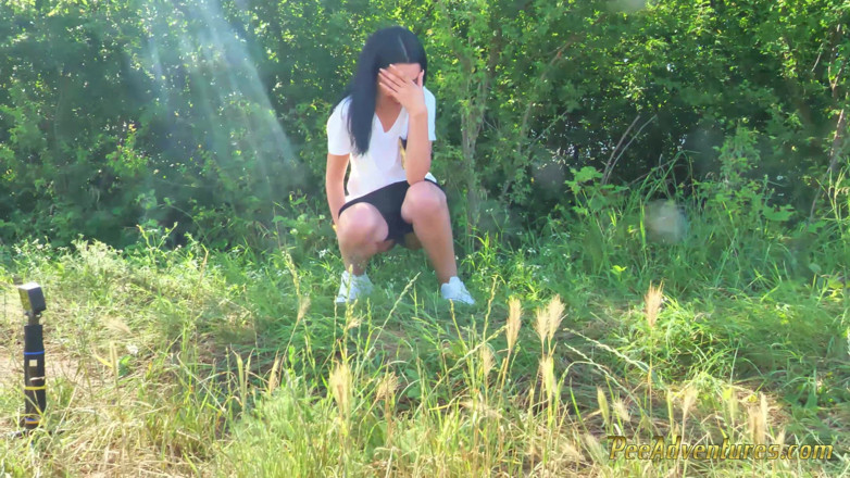 Pee Adventures: Sexy Brunette Trying Hard to Empty Her Bladder Outside, Then...
