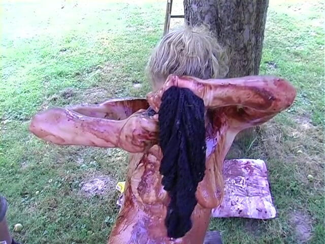 Horny Two really wet MILFs: Blonde slut gets all covered with food outdoors