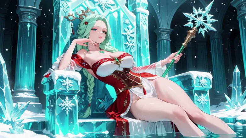 Tay Swift X: 赤いドレスを着た緑髪の女神がクリスタルホールでひざまずき、魔法の呪文と官能的な視線!