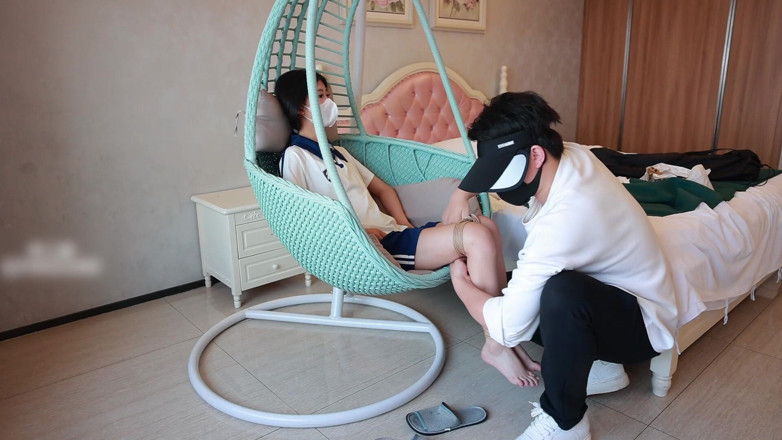 Asian bondage: Barefoot College Student Girlfriend, Feet Suspended with Ropes, Hands Handcuffed