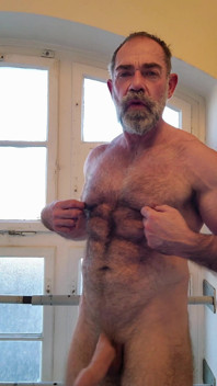 Hairy Muscle Daddy Strokes Uncut Cock