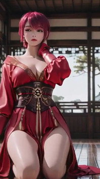Cameriera della guerra dai capelli viola in kimono con fessura alta, inginocchiato per stuzziare i tuoi occhi con uno sguardo infuocato e un sussurre bagnato, proibito.