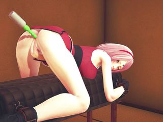 Waifu club 3D: Double vibromasseur dans le cul et la chatte de Sakura