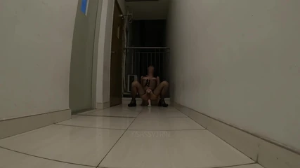 Caged Asian Sissy Public Anal Play in Stairway