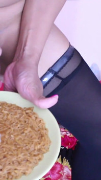 She Has a Huge Hard Cock That She Empties Over a Plate of Noodles