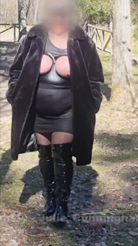 Julie Walking Through a Car Park Wearing Fur Coat, See Her Bound Tits Sticking Out