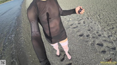 Stocking and Sheer Dress on the Beach 4K