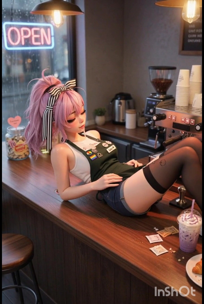 Wertstofsamler: Caliente sexy pequeña barista está esperando a su cliente, mastubándose