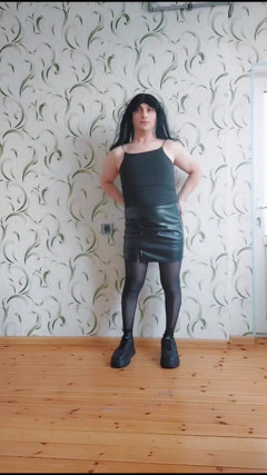 Pretty Gothic Princess Femboy in Leather Skirt and Hot Tights Sweet Attractive Body thumbnail